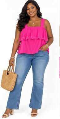 CAD Women’s Large Hot Pink Ruffle Lace Trim Sleeveless Blouse Tank Top EUC